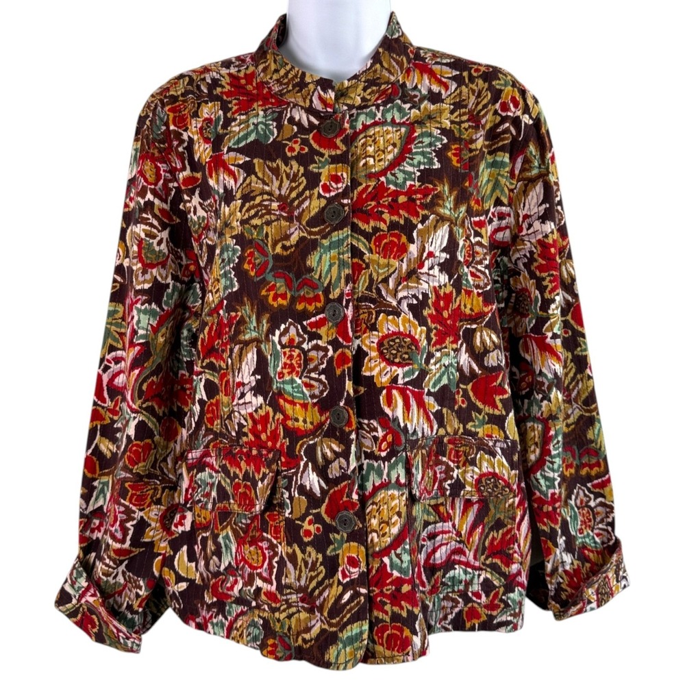 Artsy Floral Cotton Jacket Sz L Quilted Button Front Sunflowers Boho Cottage